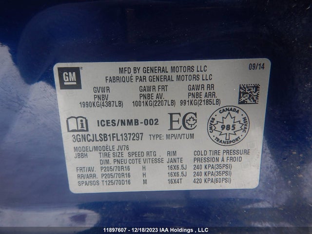 Chevrolet TRAX 1LT 2015 3GNCJLSB1FL137297 Image 10