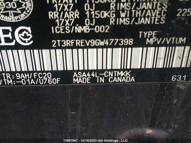 Toyota Rav4 Xle 2016 2T3RFREV9GW477398 Image 9