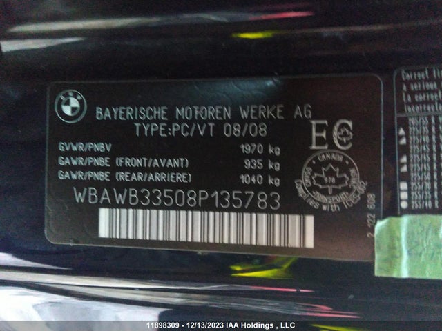 11898309 :رقم المزاد ، WBAWB33508P135783 vin ، 2008 Bmw 3 Series مزاد بيع