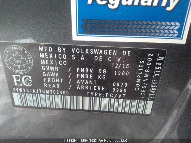 3VW267AJ7GM302400 Volkswagen Jetta Sedan Trendline/trendline+