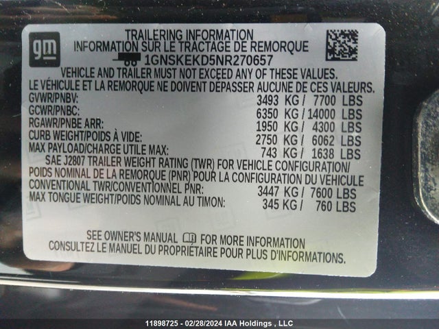 Chevrolet Suburban 2022 1GNSKEKD5NR270657 Image 6