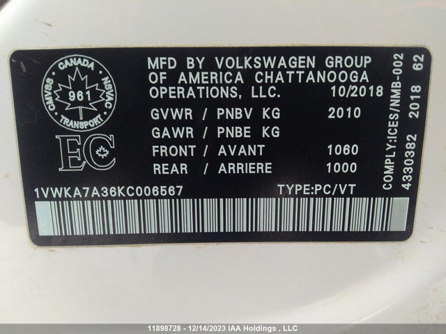 1VWKA7A36KC006567 Volkswagen PASSAT