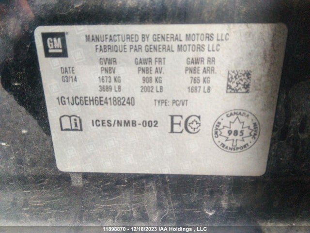 Chevrolet Sonic 2014 1G1JC6EH6E4188240 Image 9