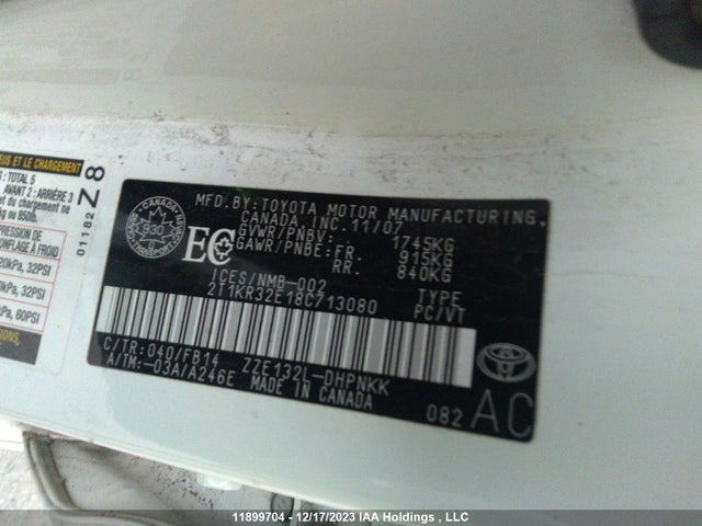 11899704 :رقم المزاد ، 2T1KR32E18C713080 vin ، 2008 Toyota Corolla Matrix Xr مزاد بيع