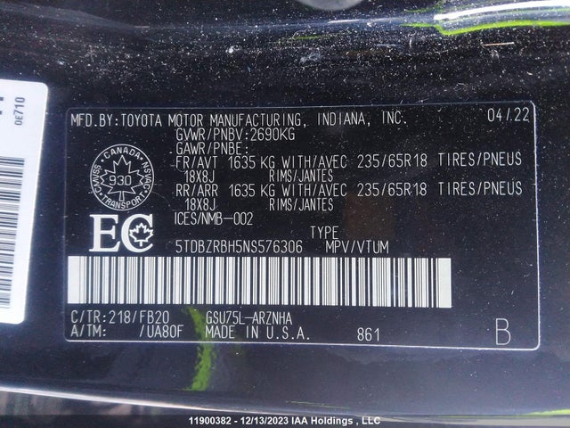 Toyota Highlander L/le 2022 5TDBZRBH5NS576306 Image 9
