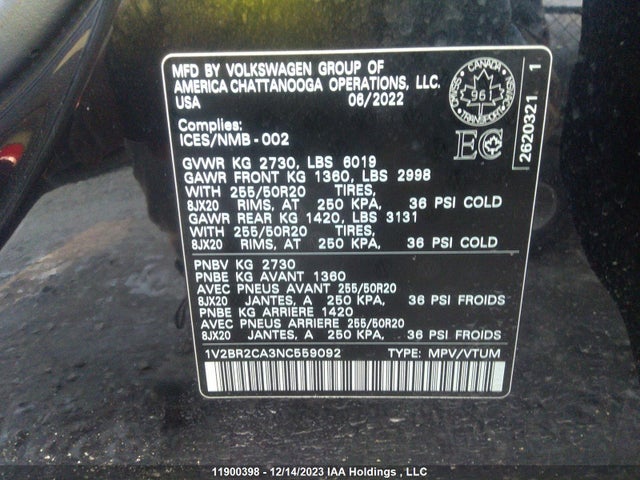 1V2BR2CA3NC559092 Volkswagen ATLAS