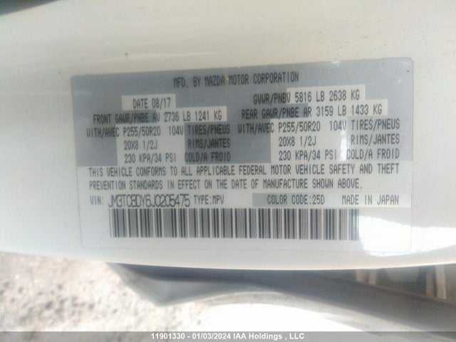 JM3TCBDY6J0205475 Mazda Cx-9 Grand Touring