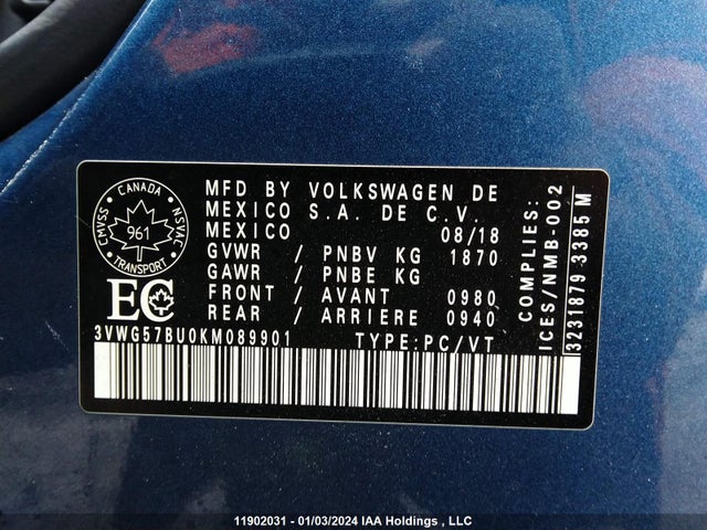 3VWG57BU0KM089901 Volkswagen JETTA
