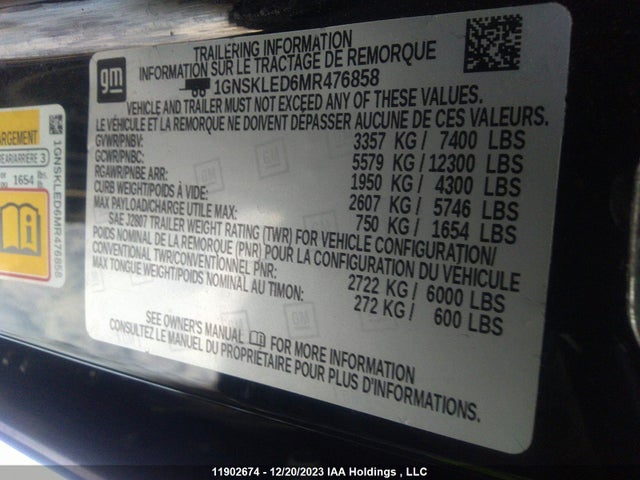 Chevrolet TAHOE 2021 1GNSKLED6MR476858 Image 9