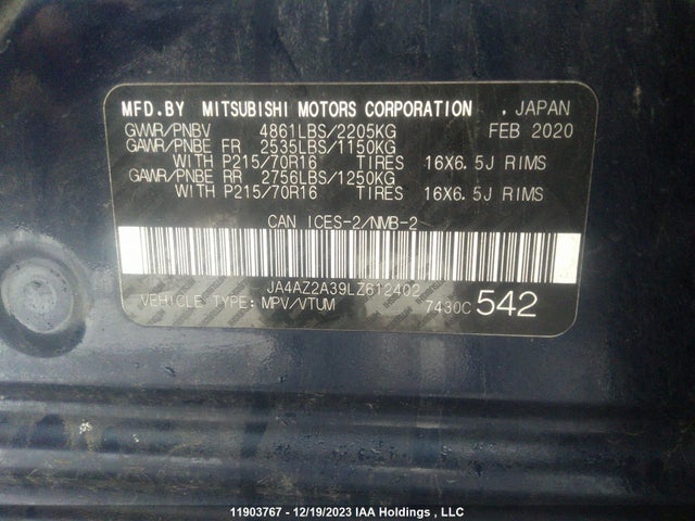 JA4AZ2A39LZ612402 Mitsubishi Outlander
