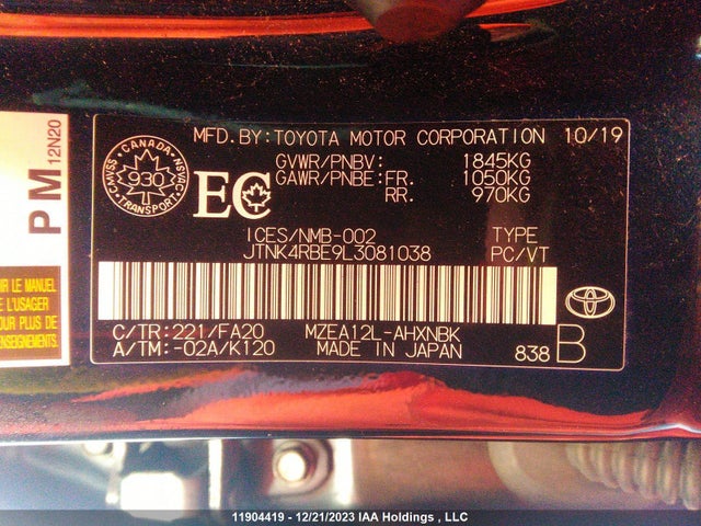 Toyota Corolla Se/xse 2020 JTNK4RBE9L3081038 Image 9