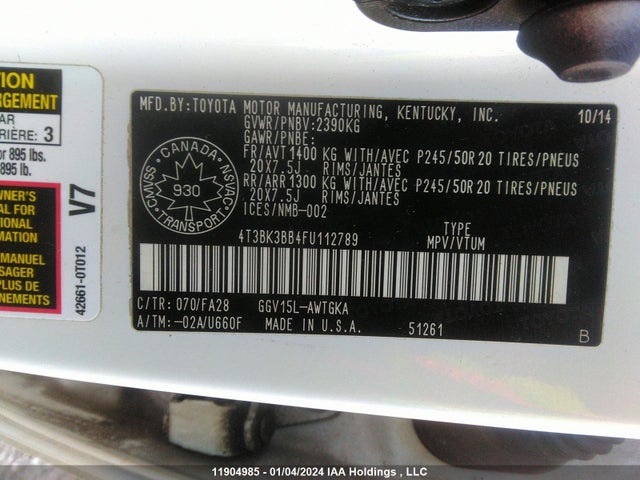Toyota Venza 2015 4T3BK3BB4FU112789 Image 9