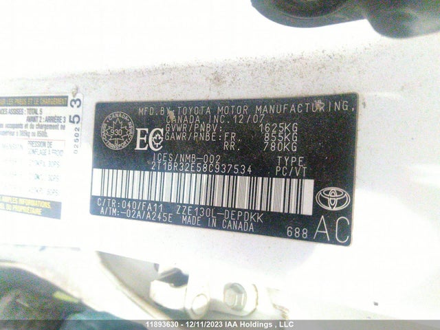 2008 TOYOTA COROLLA LE VIN: 2T1BR32E58C937534