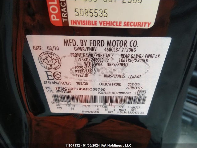 Продажа на аукционе авто 2010 Ford Escape, vin: 1FMCU9EG8AKC38790, номер лота: 11907132
