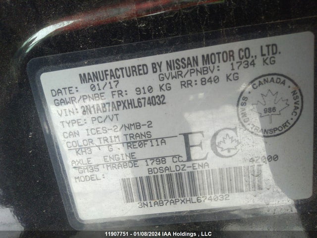 Продажа на аукционе авто 2017 Nissan Sentra, vin: 3N1AB7APXHL674032, номер лота: 11907751