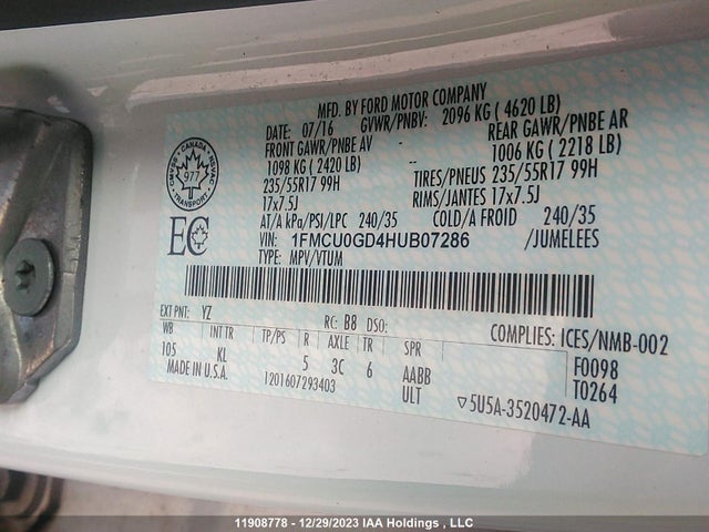 1FMCU0GD4HUB07286 Ford ESCAPE SE