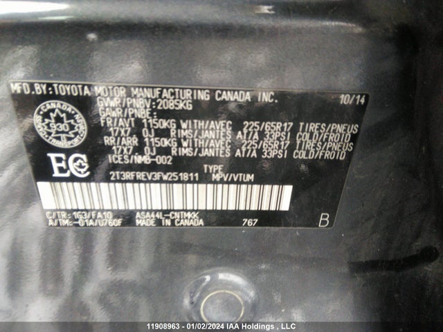 Toyota Rav4 Xle 2015 2T3RFREV3FW251811 Image 9