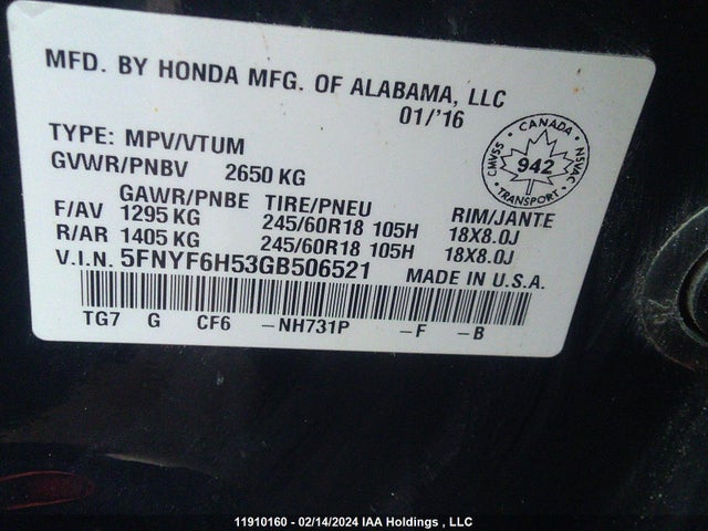 Honda j35y6 2016 5FNYF6H53GB506521 Image 26