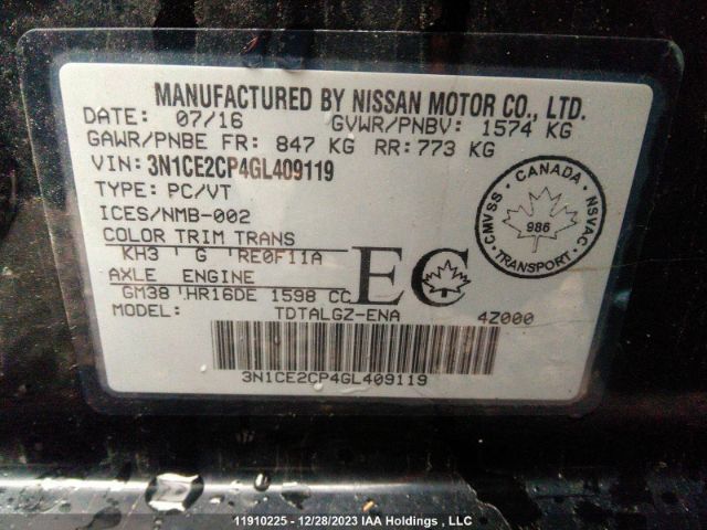 3N1CE2CP4GL409119 Nissan Versa Note S/s Plus/sv/sl/sr