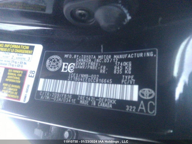 2012 Toyota Corolla Le მანქანა იყიდება აუქციონზე, vin: 2T1BU4EE0CC816645, აუქციონის ნომერი: 11910750
