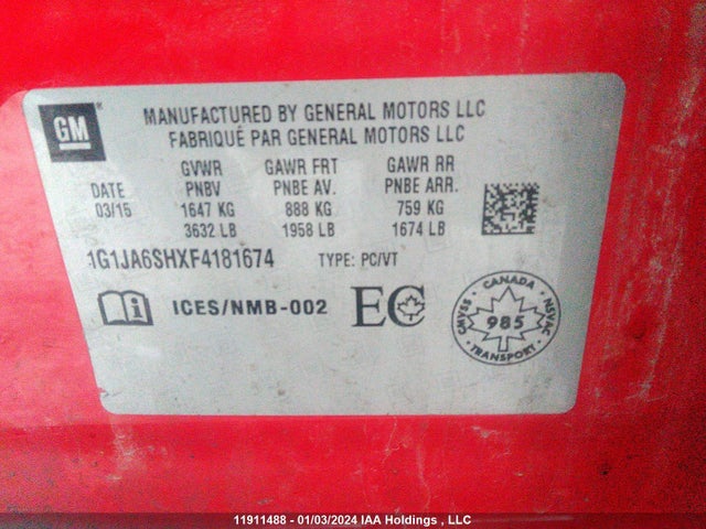 Chevrolet Sonic 2015 1G1JA6SHXF4181674 Image 9