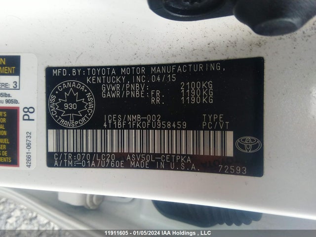 Toyota CAMRY XLE 2015 4T1BF1FK0FU958459 Image 9