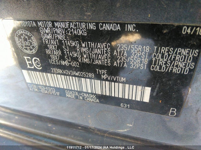 11911712 :رقم المزاد ، 2T3RK4DV3AW025289 vin ، 2010 Toyota Rav4 Sport مزاد بيع