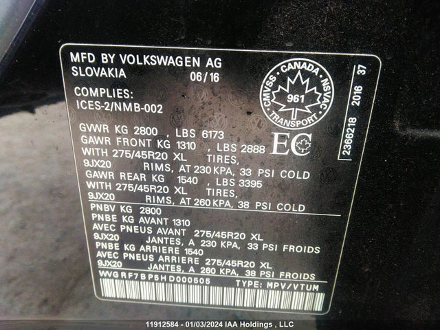 WVGRF7BP5HD000505 Volkswagen Touareg