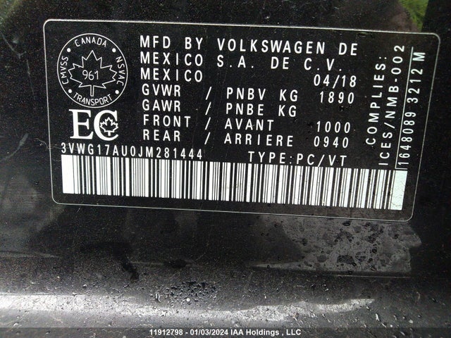 3VWG17AU0JM281444 Volkswagen GOLF