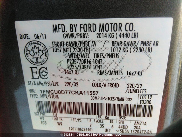 Продажа на аукционе авто 2012 Ford Escape Xlt, vin: 1FMCU0D77CKA11557, номер лота: 11913831