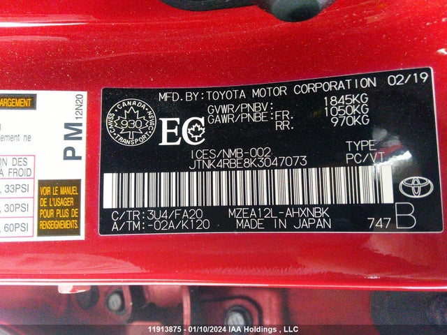 Toyota COROLLA 2019 JTNK4RBE8K3047073 Image 9