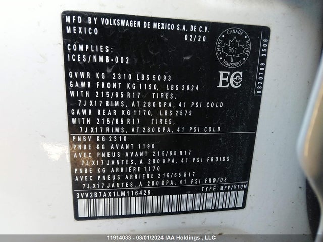 3VV2B7AX1LM116429 Volkswagen TIGUAN