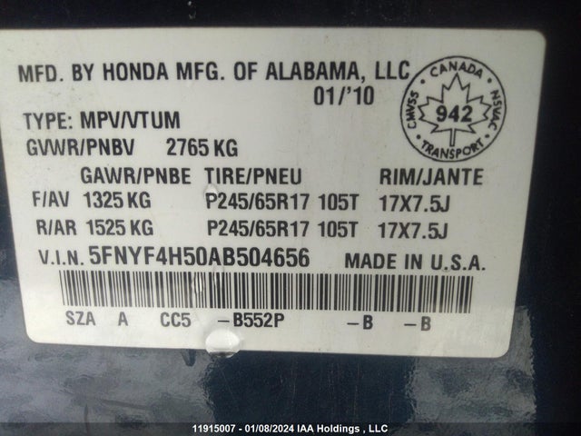 Продажа на аукционе авто 2010 Honda Pilot Exl, vin: 5FNYF4H50AB504656, номер лота: 11915007