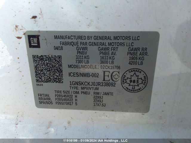 Chevrolet TAHOE 2018 1GNSKCKJ0JR338092 Image 9