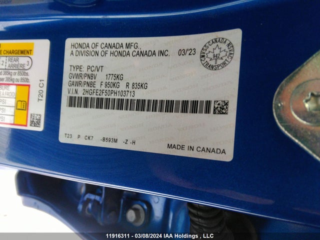 Продаж на аукціоні авто 2023 Honda Civic Sport, vin: 2HGFE2F50PH103713, номер лоту: 11916311