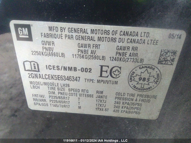 11916611 :رقم المزاد ، 2GNALCEK5E6346347 vin ، 2014 Chevrolet Equinox 2lt مزاد بيع