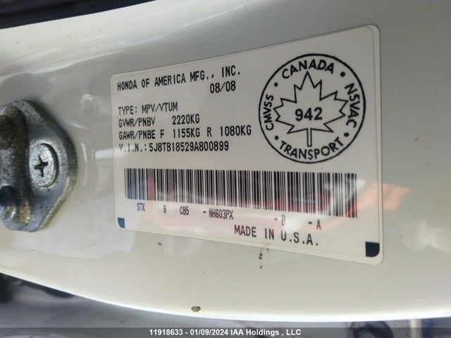 2009 Acura Rdx მანქანა იყიდება აუქციონზე, vin: 5J8TB18529A800899, აუქციონის ნომერი: 11918633