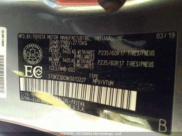 Toyota SIENNA LE 2019 5TDKZ3DC8KS013227 Image 9