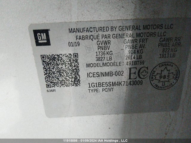 Chevrolet CRUZE LT 2019 1G1BE5SM4K7143009 Image 9