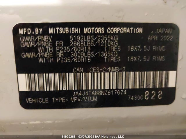 JA4J4TA88NZ617674 Mitsubishi Outlander Es