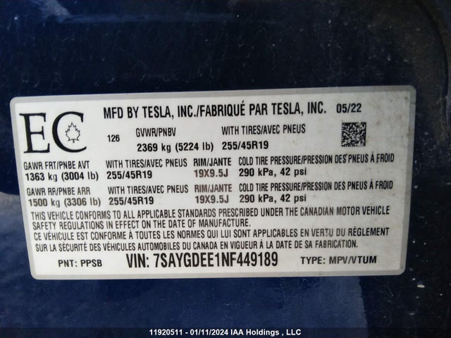 7SAYGDEE1NF449189 Tesla Model Y