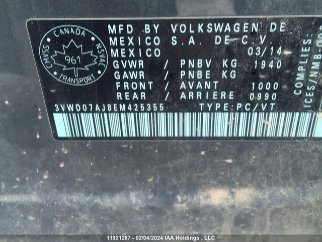 3VWD07AJ8EM425355 Volkswagen Jetta Sedan Td1 Turbo