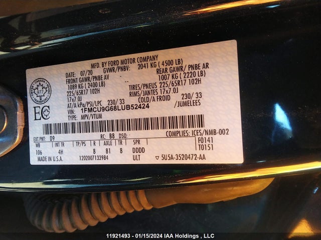 Ford ESCAPE SE 2020 1FMCU9G68LUB52424 Image 9