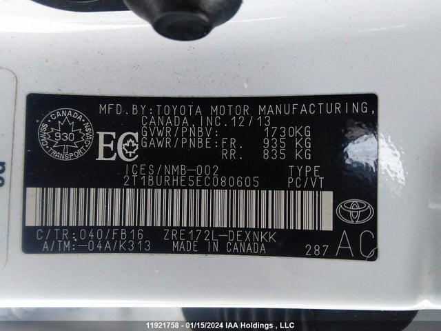 Toyota COROLLA 2014 2T1BURHE5EC080605 Image 9