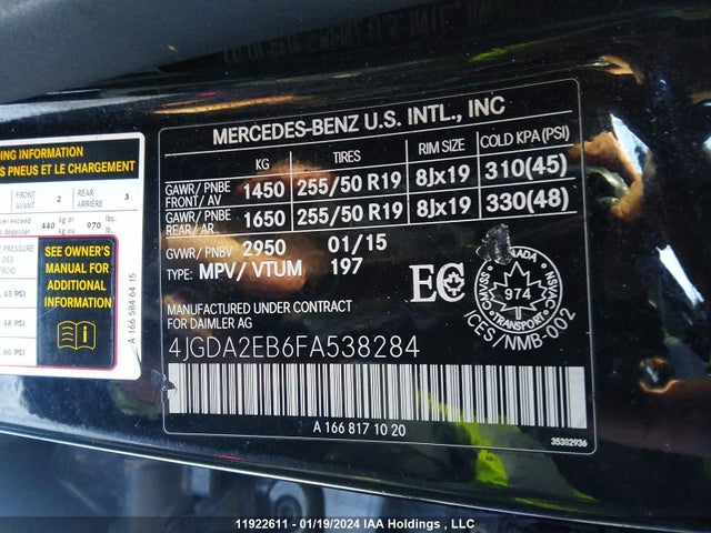 2015 MERCEDES-BENZ M-CLASS VIN: 4JGDA2EB6FA538284