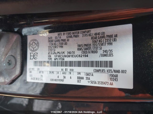 1FMCU9G91EUC62194 Ford ESCAPE SE