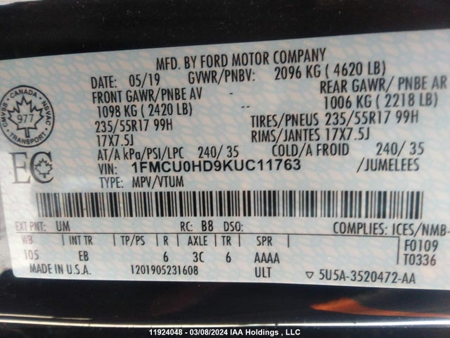 Ford ESCAPE SEL 2019 1FMCU0HD9KUC11763 Image 9