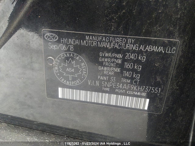 11925262 :رقم المزاد ، 5NPE34AF9KH737551 vin ، 2019 Hyundai Sonata Essential مزاد بيع