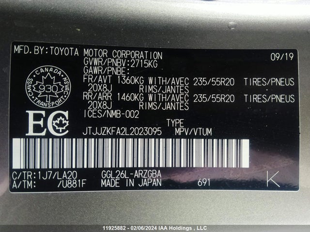 JTJJZKFA2L2023095 Lexus Rx 350 L Luxury