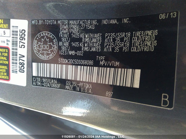 11926081 :رقم المزاد ، 5TDDK3DC5DS068086 vin ، 2013 Toyota Sienna Xle/limited مزاد بيع